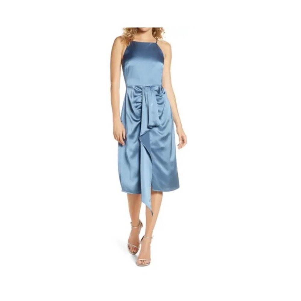HARLYN Ruched Satin Midi Dress - Slate Blue NEW MSRP $146